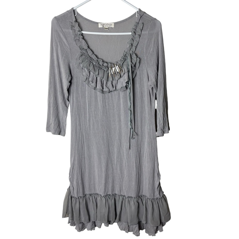 Forla Paris gray ruffles with shell detail feminine midi dress